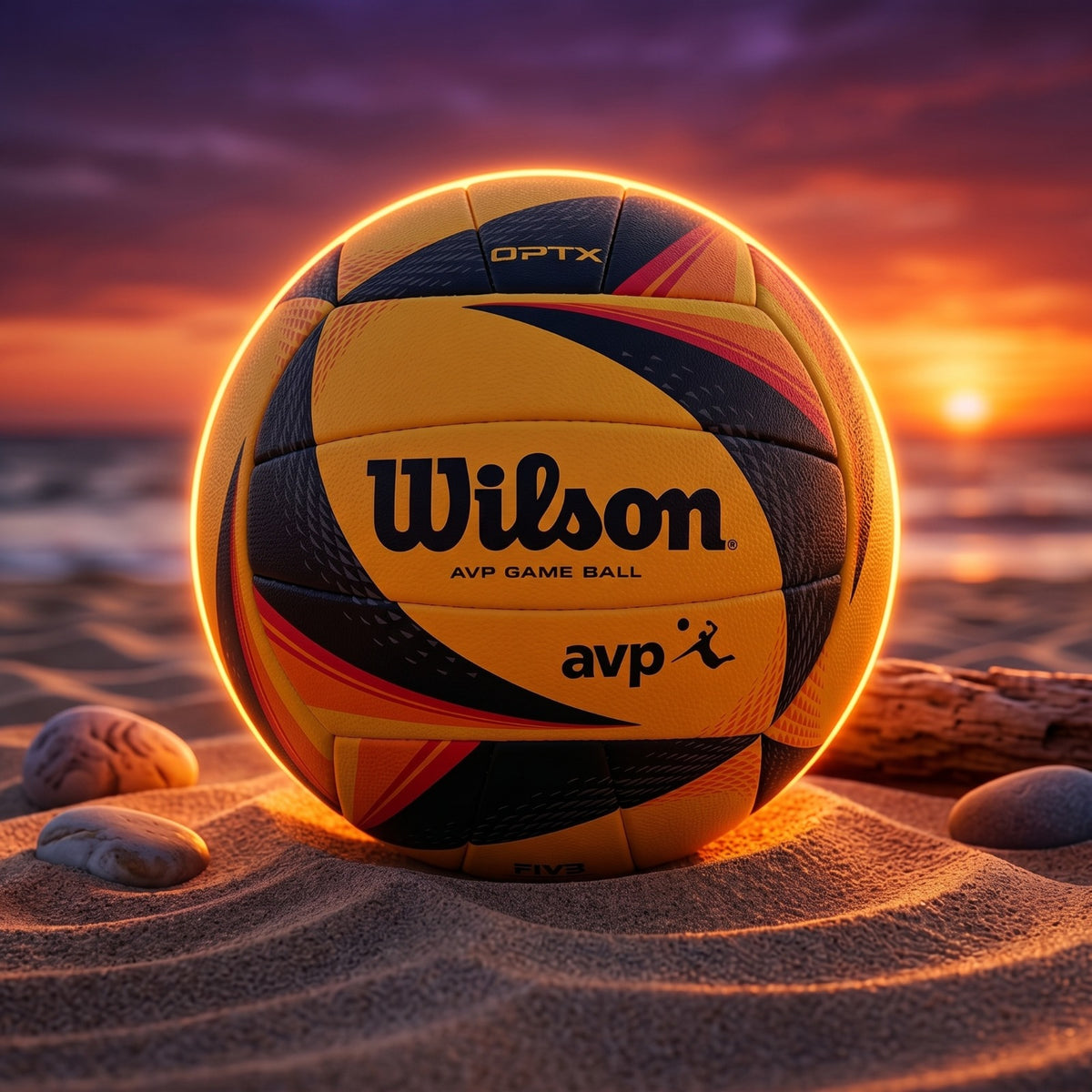 Wilson volleyball on a beach with a sunset in the background