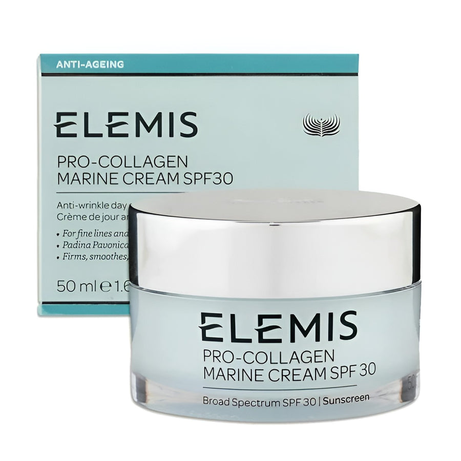 Elemis Pro-Collagen Marine Cream SPF 30 shown with its light blue and teal outer box and a matching clear jar with a reflective silver lid on a white background.