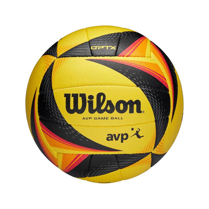 Yellow, black, and red volleyball with Wilson and AVP logos on a white background