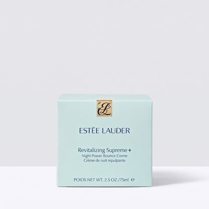 Estée Lauder Revitalizing Supreme+ Night Power Bounce Creme packaging box in a light mint green color with a gold monogram logo, set against a clean white background.