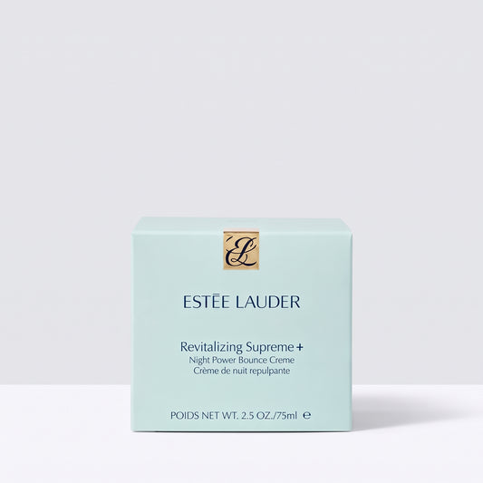 Estée Lauder Revitalizing Supreme+ Night Power Bounce Creme packaging box in a light mint green color with a gold monogram logo, set against a clean white background.