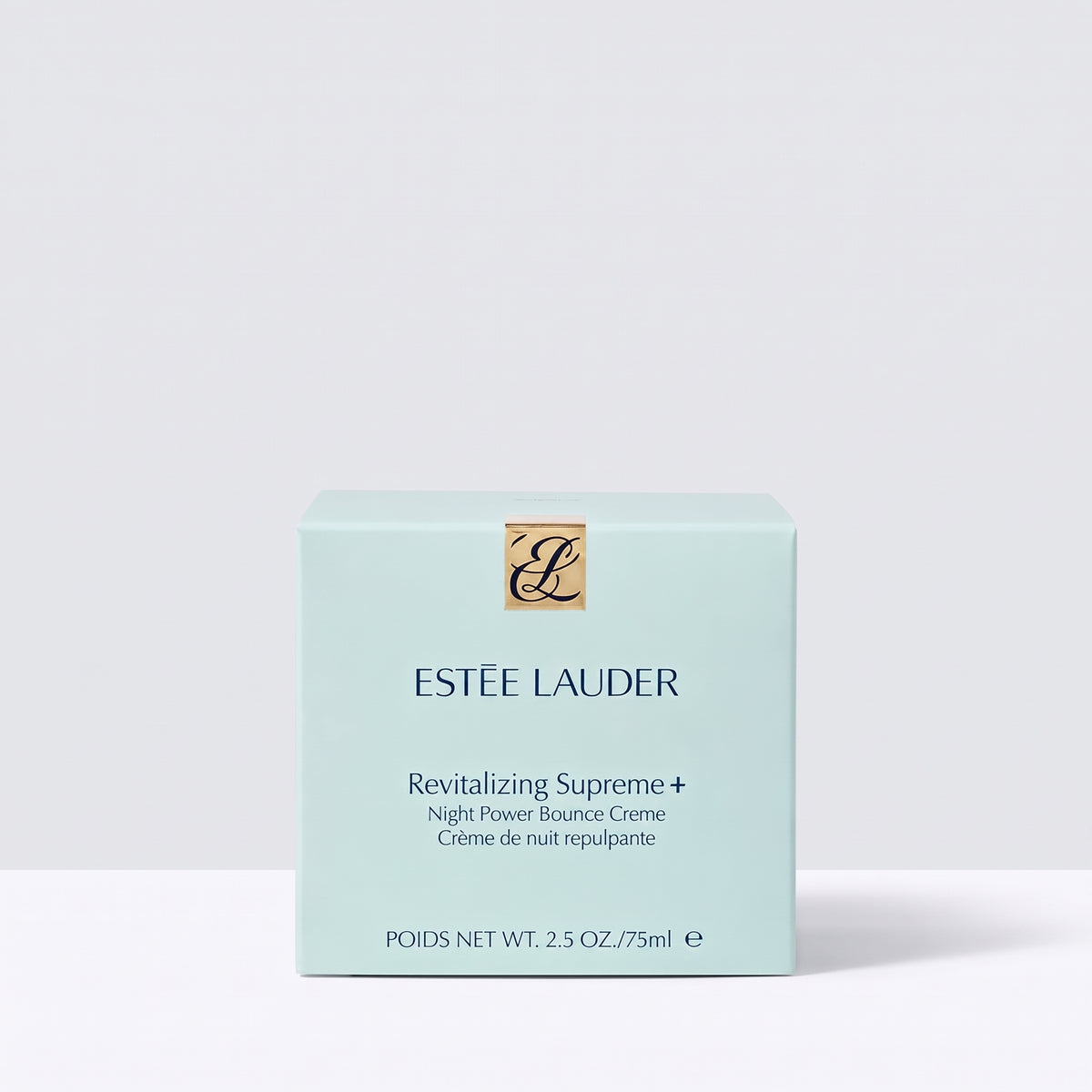 Estée Lauder Revitalizing Supreme+ Night Power Bounce Creme packaging box in a light mint green color with a gold monogram logo, set against a clean white background.